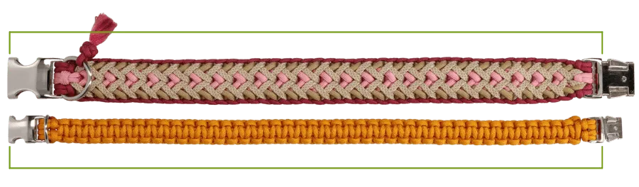 Two paracord dog collars with the same length when lying flat on a surface