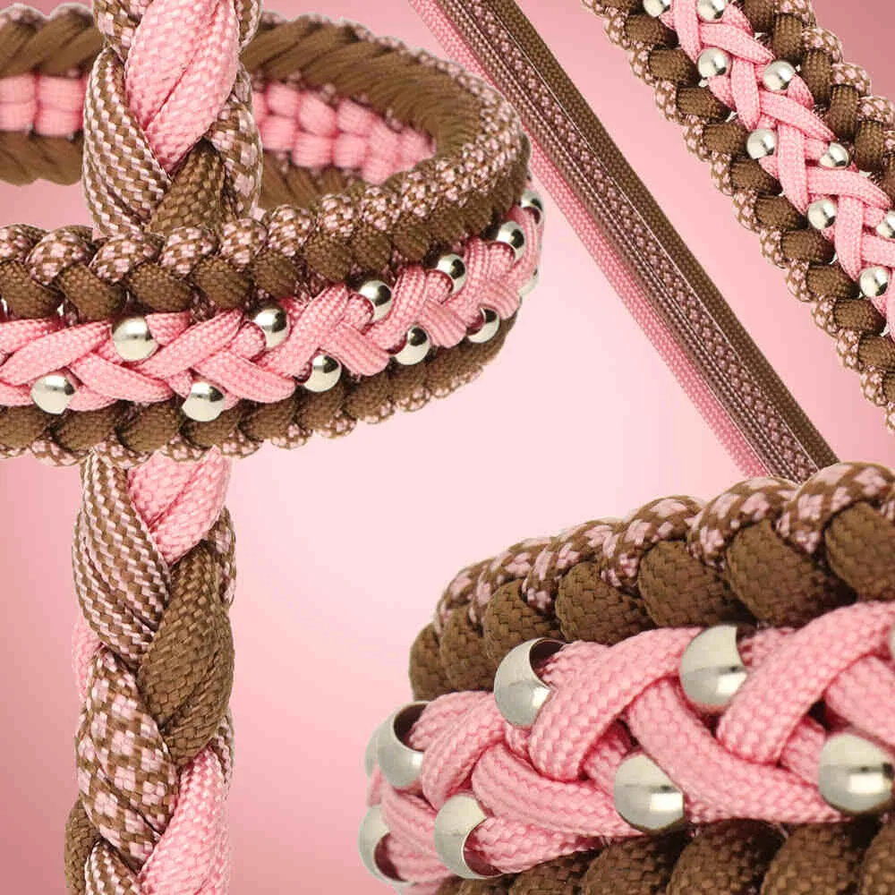 Collar and leash in brown and pink paracord