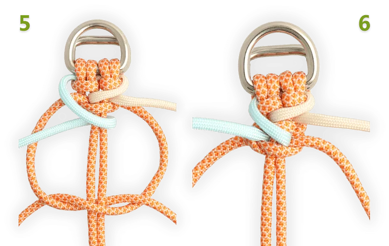 Paracord knot attached to a D ring and passant ring steps 5 and 6