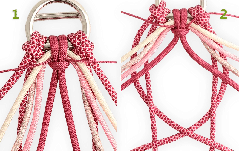 Step 1 and 2 of making the valentine knot with all the ropes added