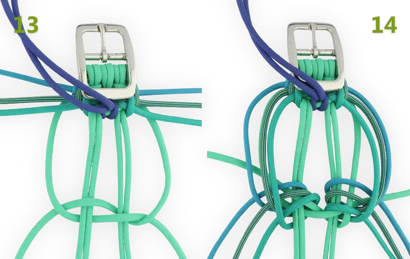 Making the second knot by repeating the steps shown before, step 13 and 14