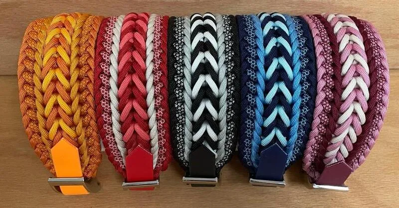 Five dog collars using the same braid in different colours
