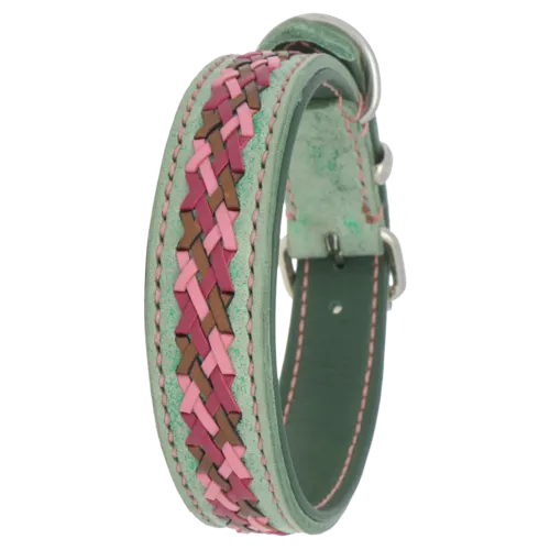 Green collar with pink and brown leather lacing weave