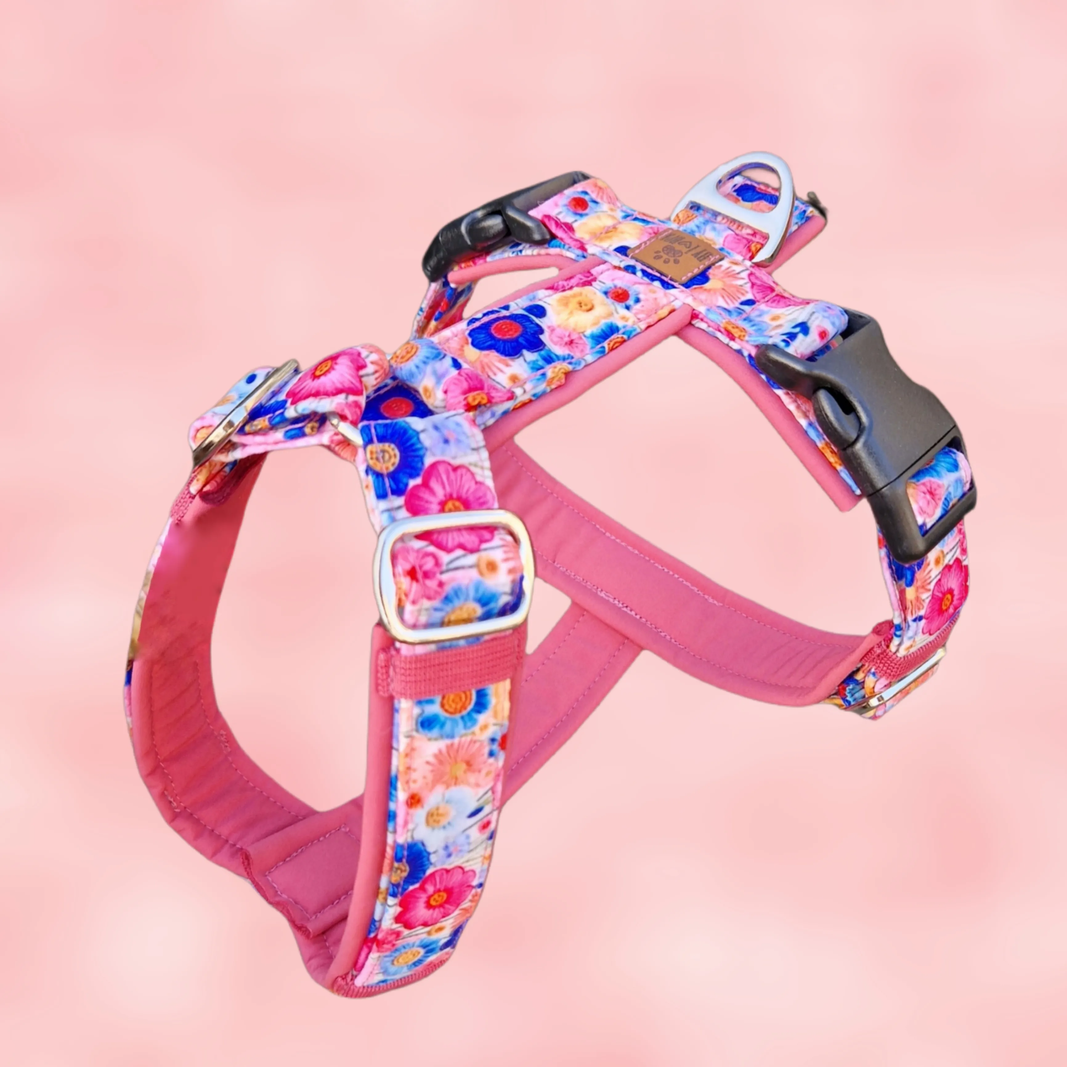 Handmade harness made of fabric with floral print